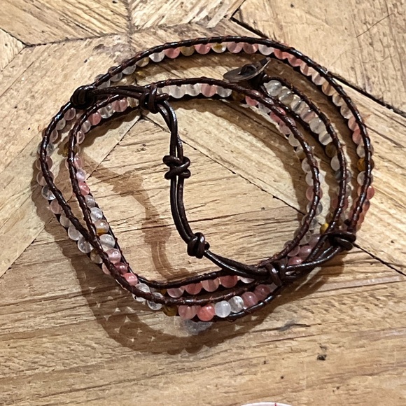 Handmade Natural Multi-Color tourmaline Bead triple Wrap brown leather Bracelet - Picture 3 of 3